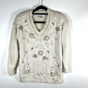 Vintage M.j. Carroll‎ Floral Embroidered Sweater Women's Size Medium *flaws*